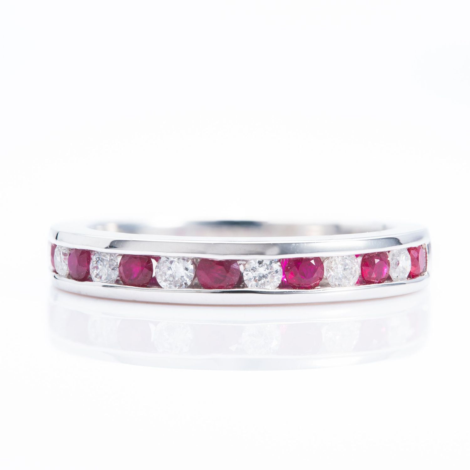 Platinum Round Cut Ruby & Round Brilliant Cut Diamond Channel Set Half Eternity Ring