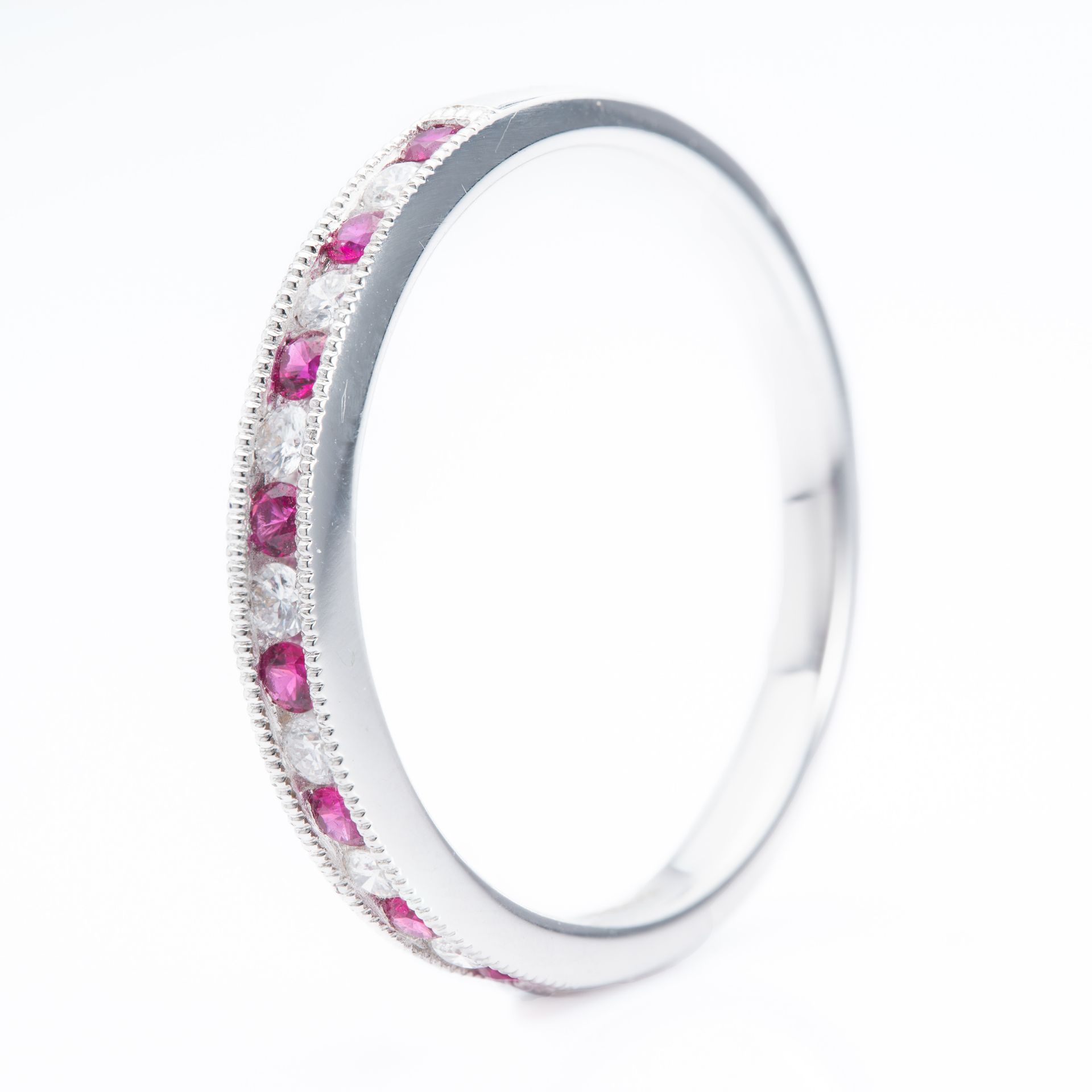 18ct White Gold Round Cut Ruby & Round Brilliant Cut Diamond Milgrain Edged Channel Set Half Eternity Ring