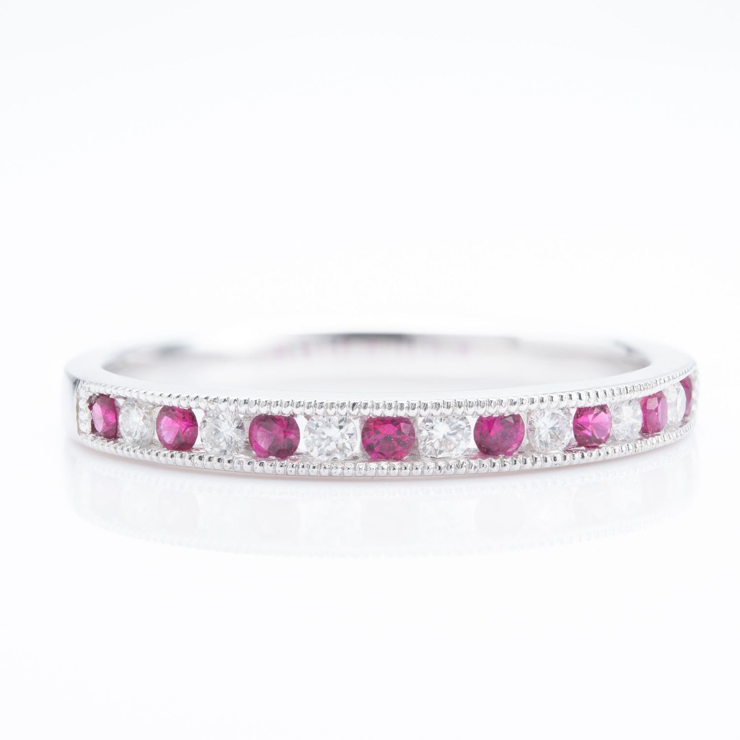 18ct White Gold Round Cut Ruby & Round Brilliant Cut Diamond Milgrain Edged Channel Set Half Eternity Ring