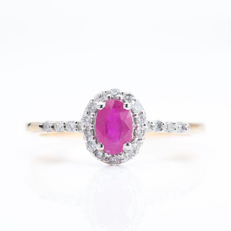 9ct Gold Oval Cut Ruby & Round Brilliant Cut Diamond Halo Cluster Ring