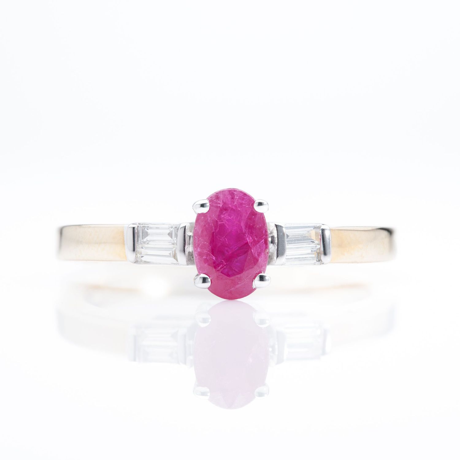 9ct Gold Oval Cut Ruby & Baguette Cut Diamond Trilogy Style Ring