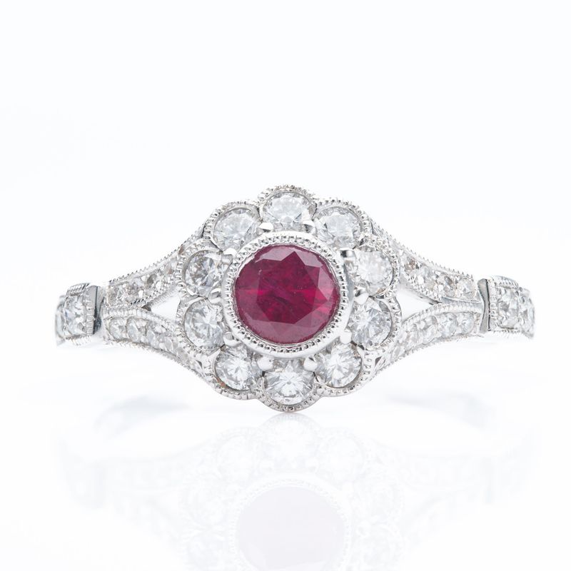 18ct White Gold Round Cut Ruby & Round Brilliant Cut Diamond Flower Cluster Ring