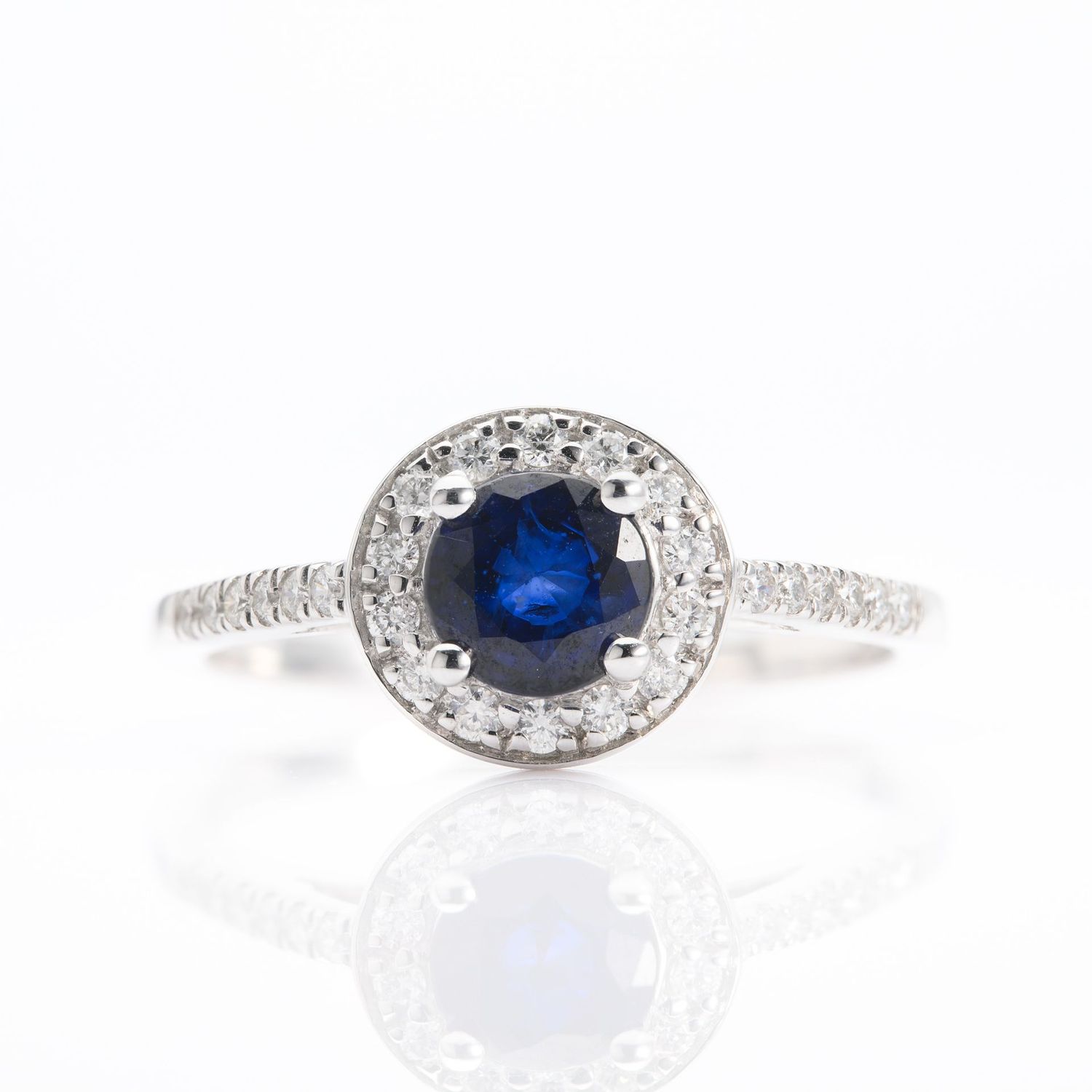 9ct White Gold Round Cut Sapphire & Round Brilliant Cut Diamond Cluster Ring