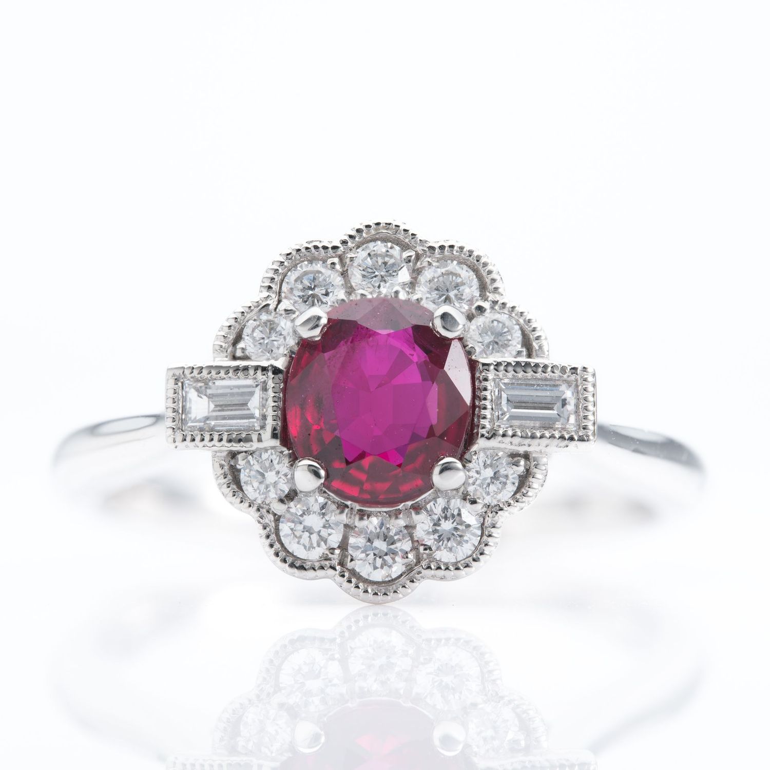 Platinum Round Cut Ruby & Brilliant Cut and Baguette Cut Diamond Cluster Ring