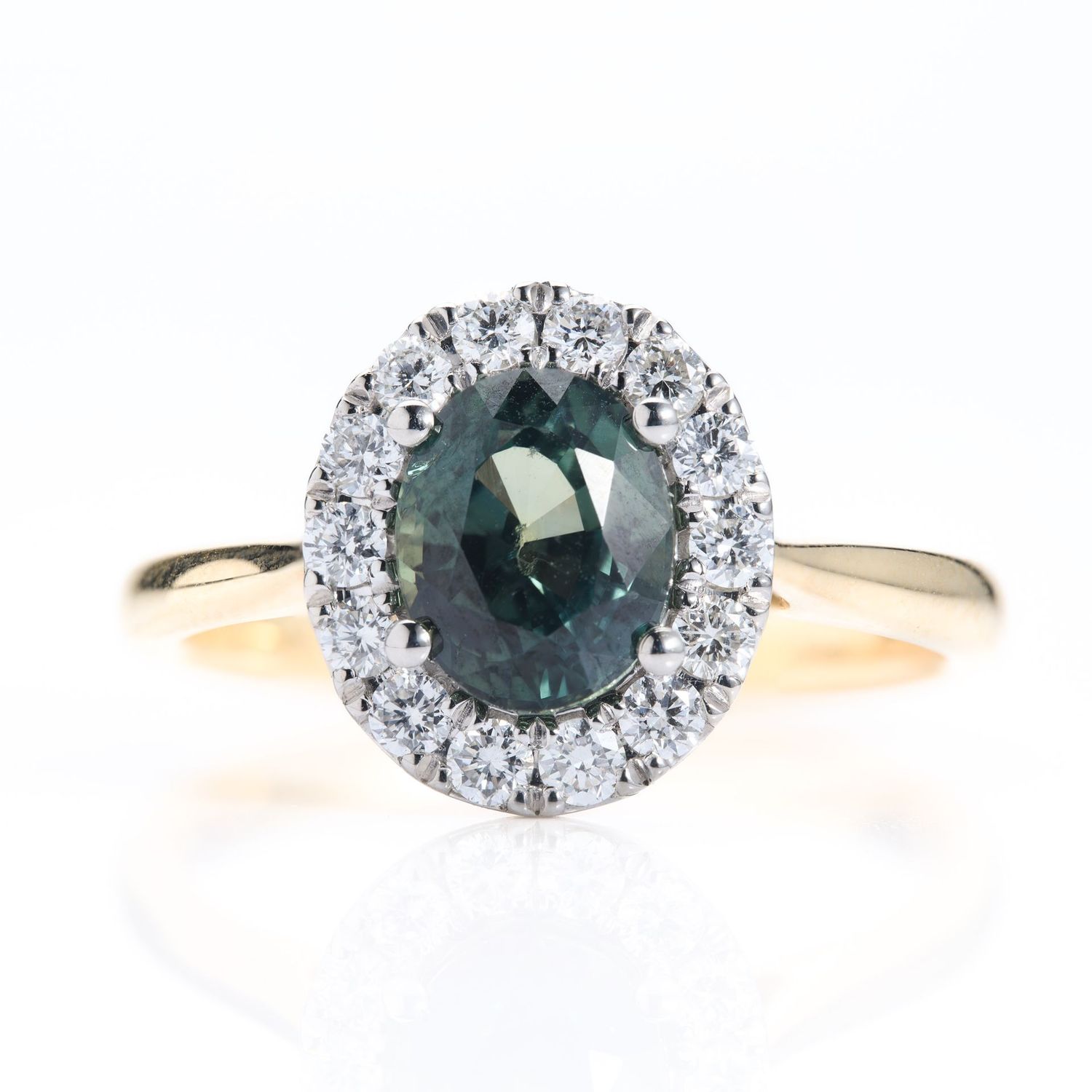 18ct Yellow Gold & Platinum Oval Cut Teal Green Sapphire & Round Brilliant Cut Diamond Halo Cluster Ring