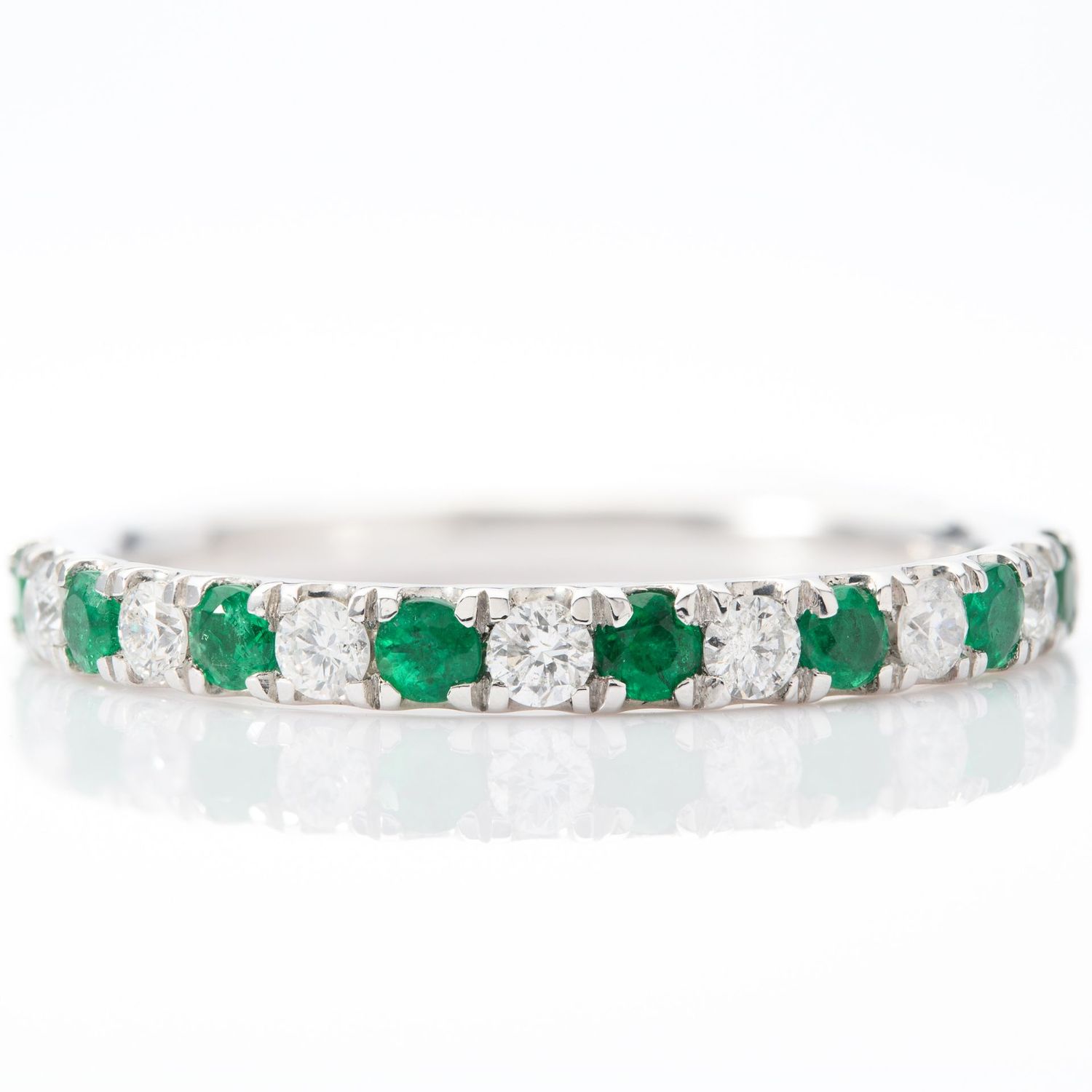 Platinum Round Cut Emerald & Round Brilliant Cut Diamond Claw Set Half Eternity Ring