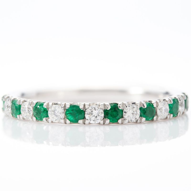 Platinum Round Cut Emerald & Round Brilliant Cut Diamond Claw Set Half Eternity Ring