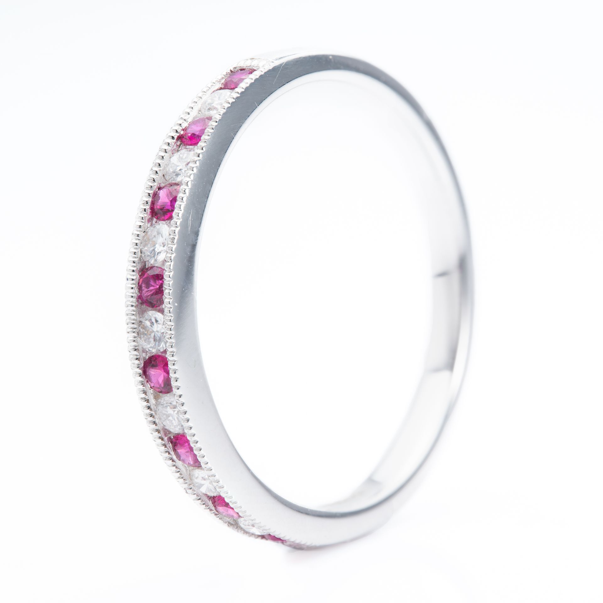 18ct White Gold Round Cut Ruby & Round Brilliant Cut Diamond Milgrain Edged Channel Set Half Eternity Ring