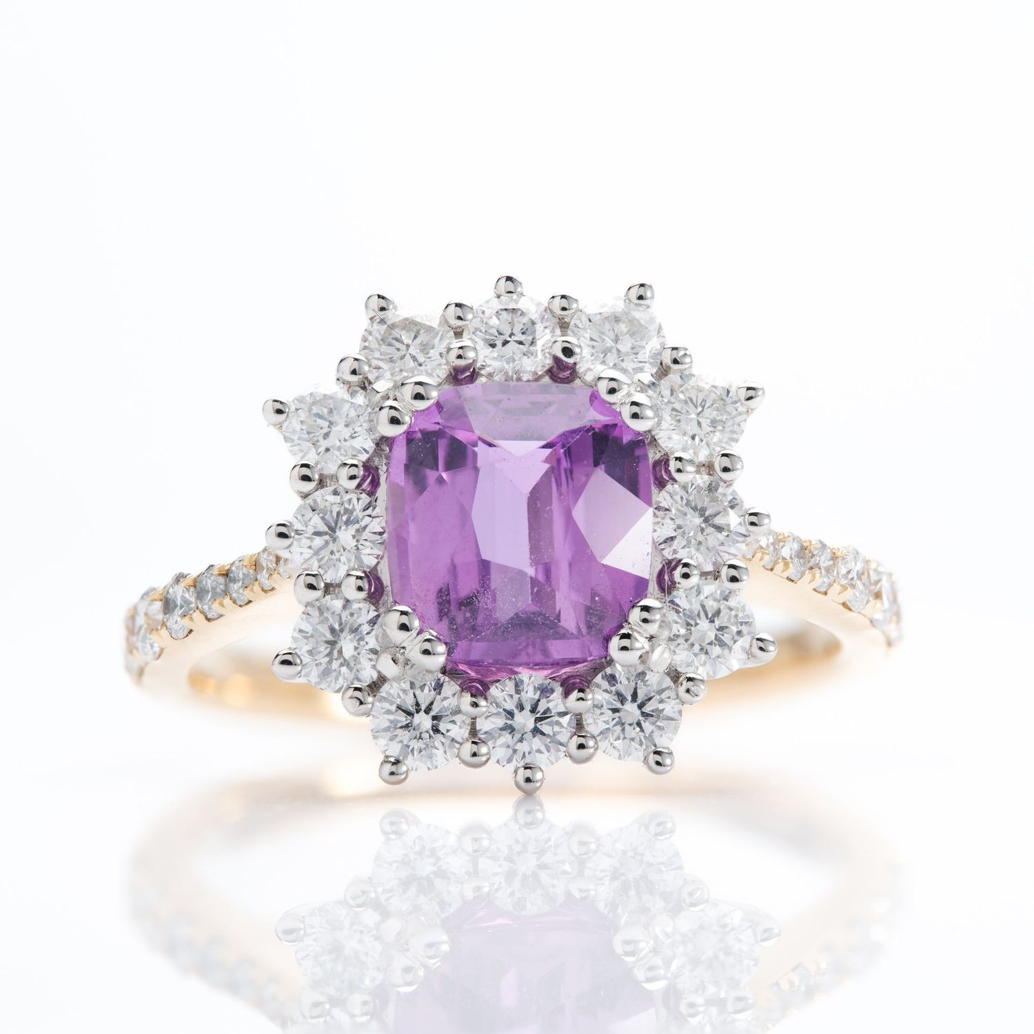 18ct Yellow Gold & Platinum Cushion Cut Purple Sapphire & Diamond Halo Cluster Ring
