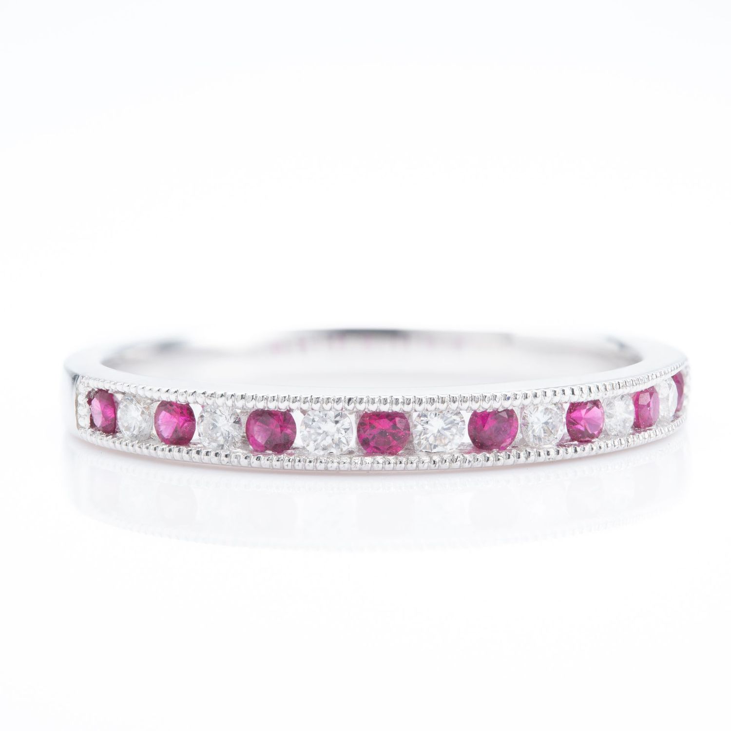 18ct White Gold Round Cut Ruby & Round Brilliant Cut Diamond Milgrain Edged Channel Set Half Eternity Ring