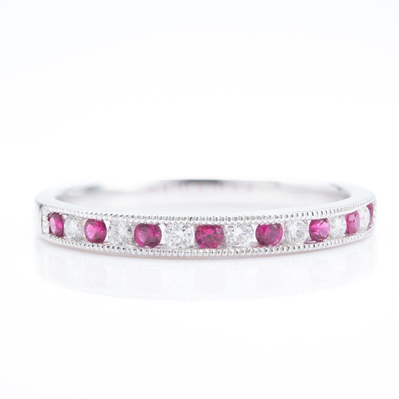18ct White Gold Round Cut Ruby & Round Brilliant Cut Diamond Milgrain Edged Channel Set Half Eternity Ring