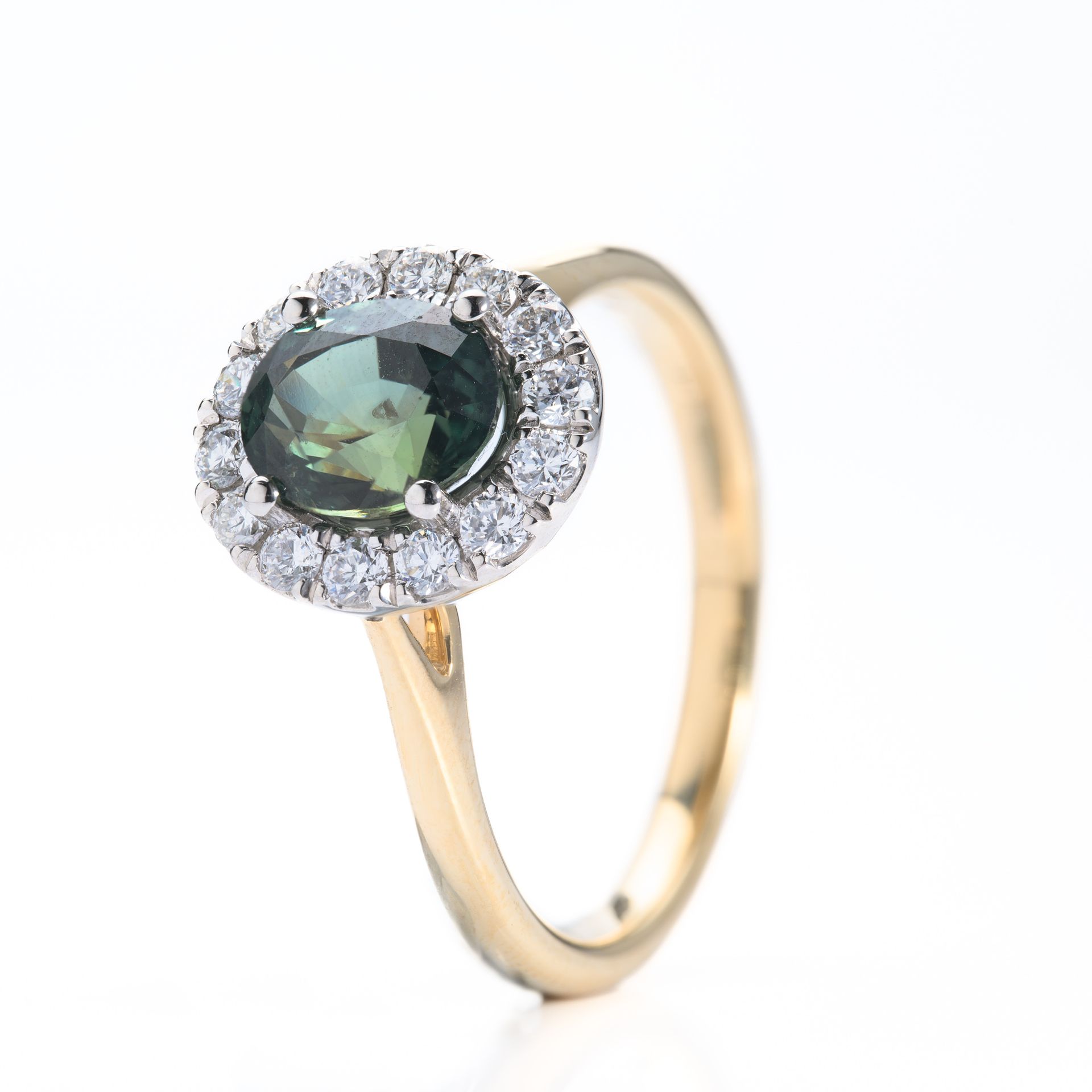 18ct Yellow Gold & Platinum Oval Cut Teal Green Sapphire & Round Brilliant Cut Diamond Halo Cluster Ring