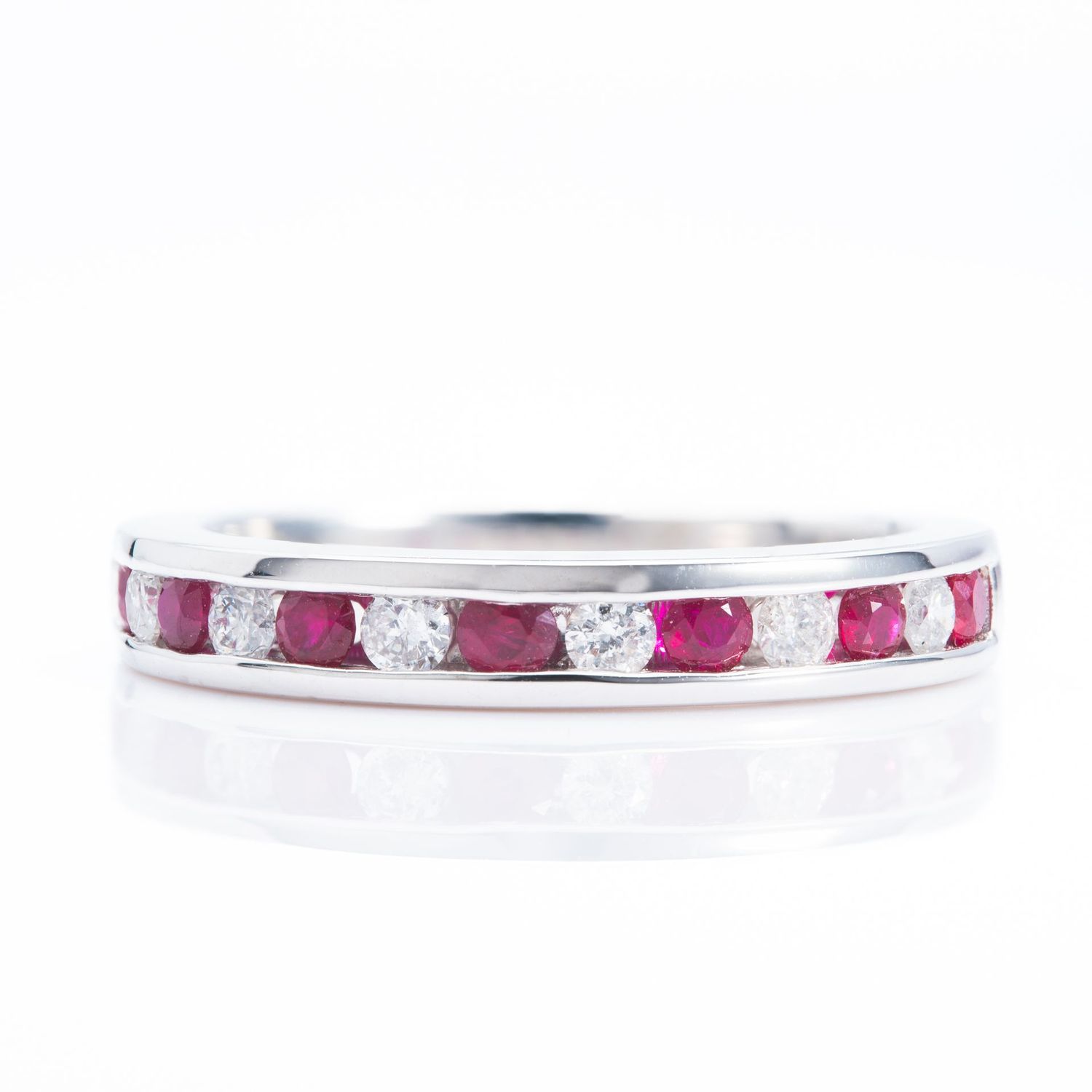 Platinum Round Cut Ruby & Round Brilliant Cut Diamond Channel Set Half Eternity Ring