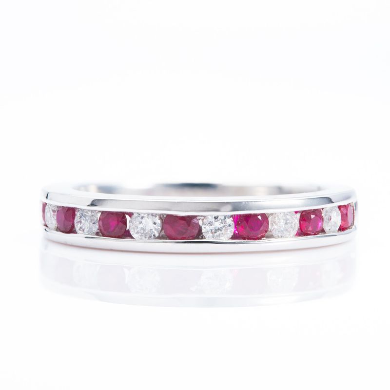 Platinum Round Cut Ruby & Round Brilliant Cut Diamond Channel Set Half Eternity Ring