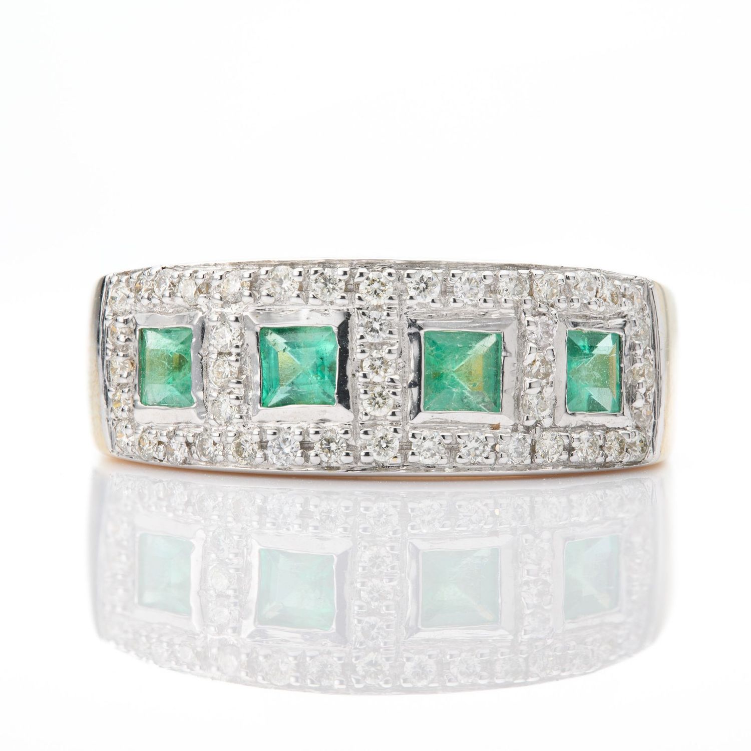 9ct Yellow Gold Emerald & Diamond Half Eternity Cluster Ring