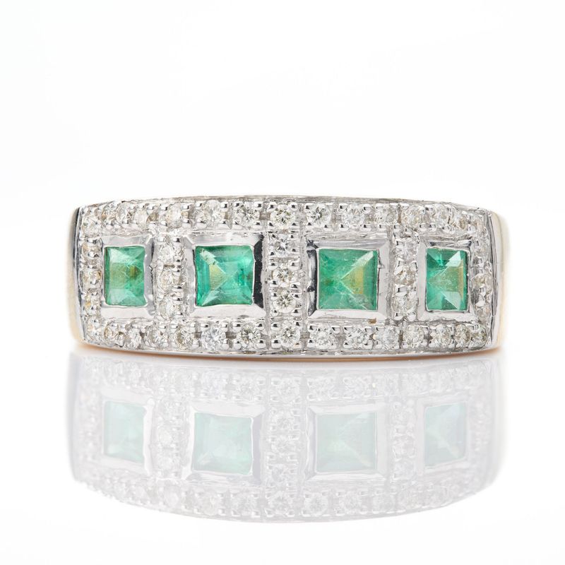 9ct Yellow Gold Emerald & Diamond Half Eternity Cluster Ring