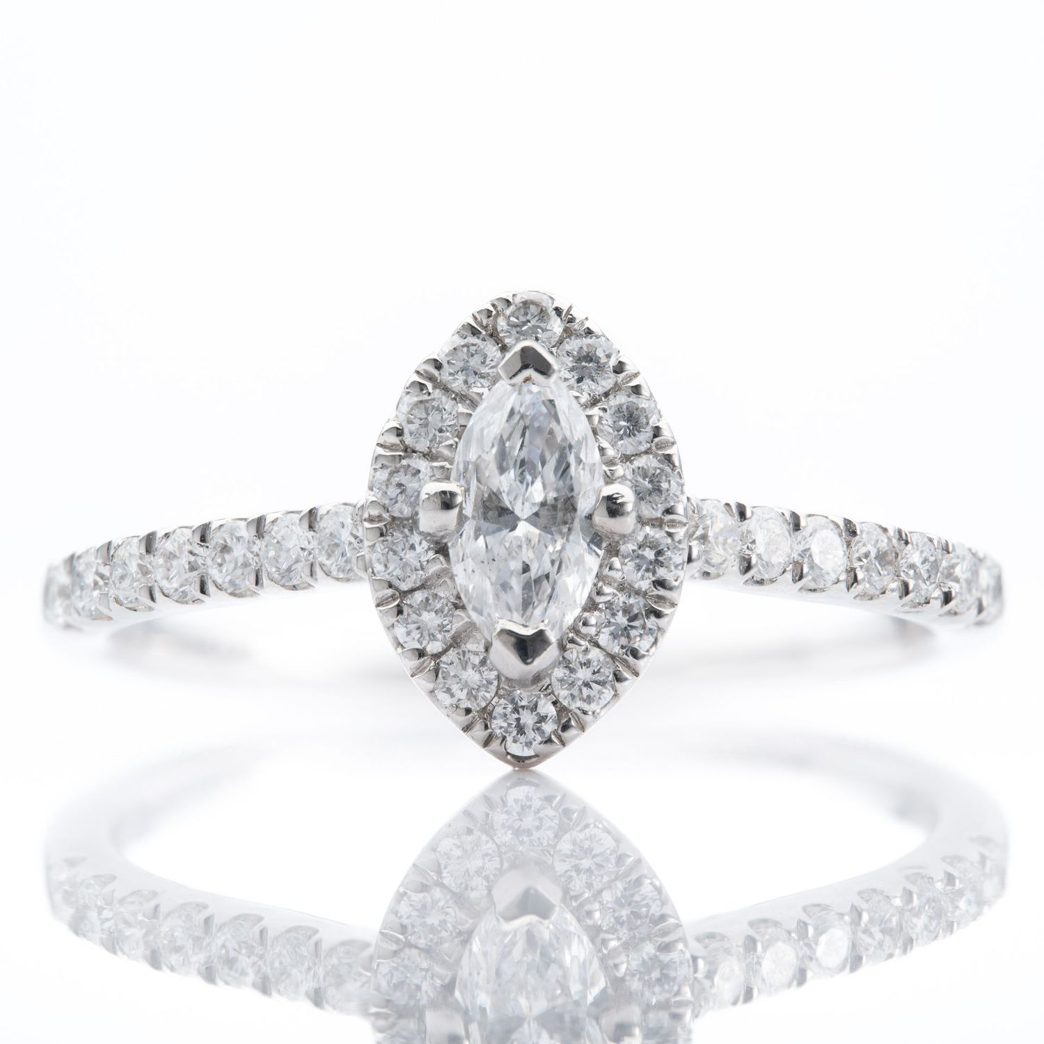 Platinum 0.24ct F SI1 Marquise Cut Diamond Halo Cluster Ring