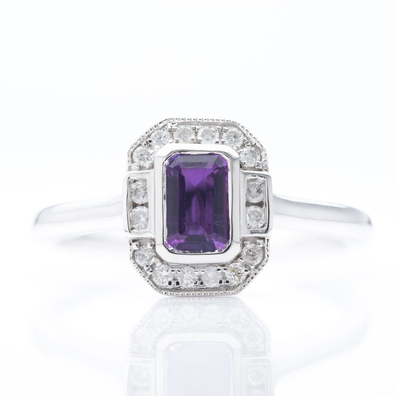 9ct White Gold Octagonal Cut Amethyst & Round Brilliant Cut Diamond Halo Cluster Ring