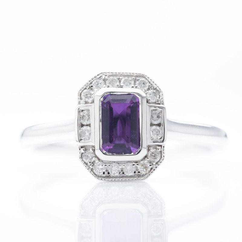 9ct White Gold Octagonal Cut Amethyst & Round Brilliant Cut Diamond Halo Cluster Ring