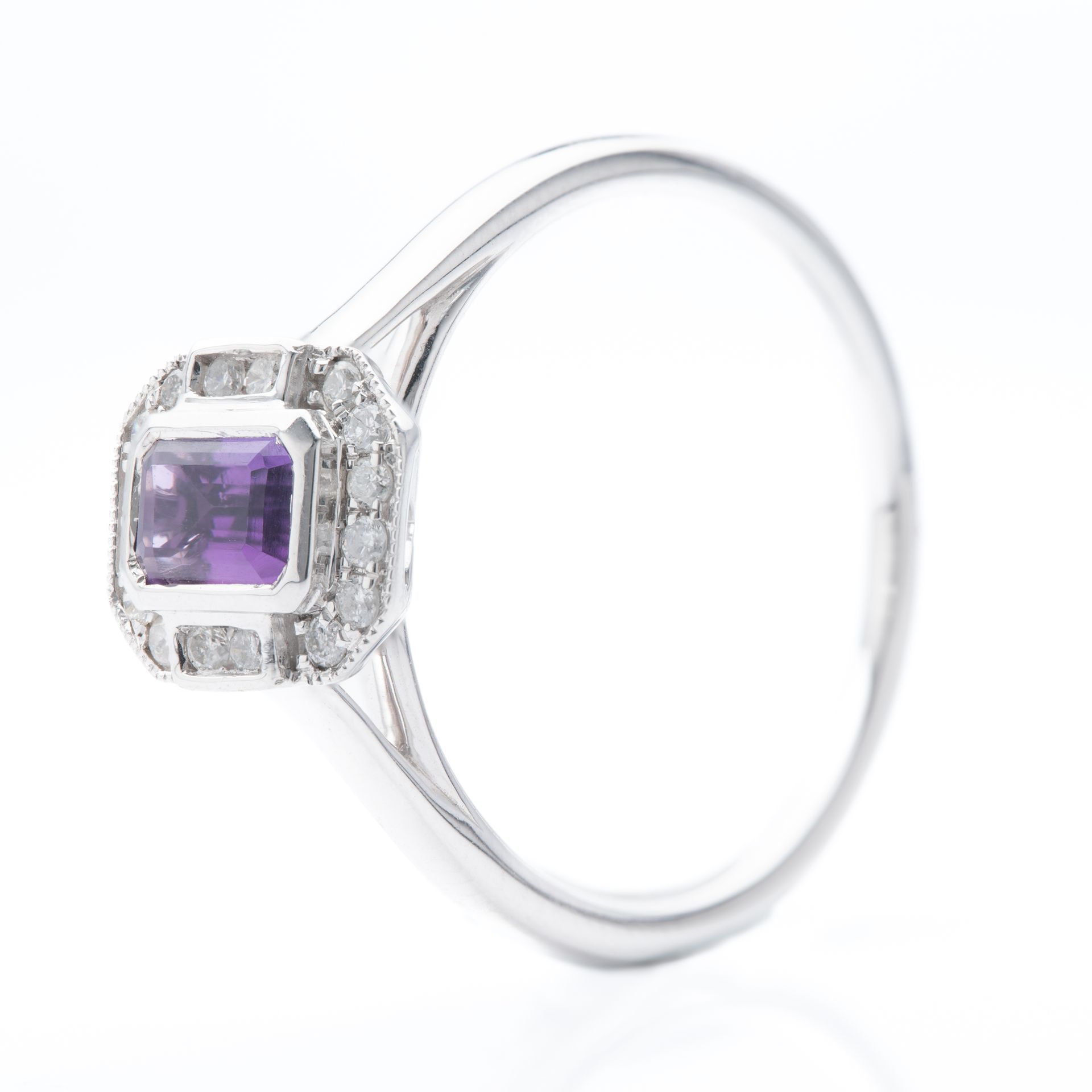 9ct White Gold Octagonal Cut Amethyst & Round Brilliant Cut Diamond Halo Cluster Ring