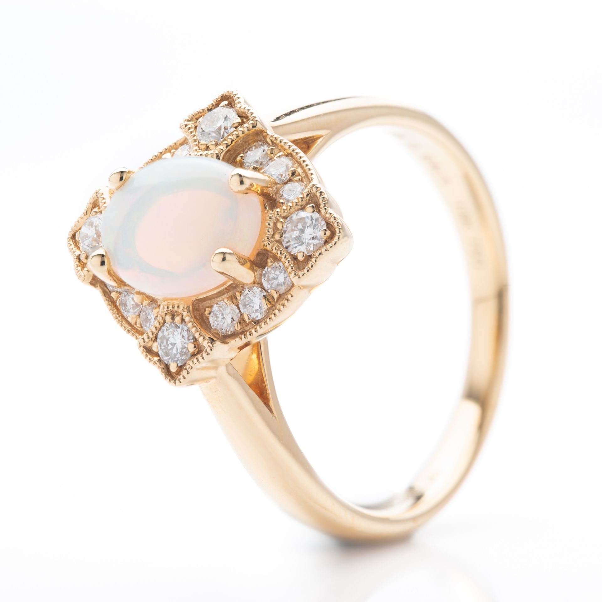 18ct Yellow Gold Oval Cut Opal and Brilliant Cut Diamond Vintage Ring with Milgrain finish
