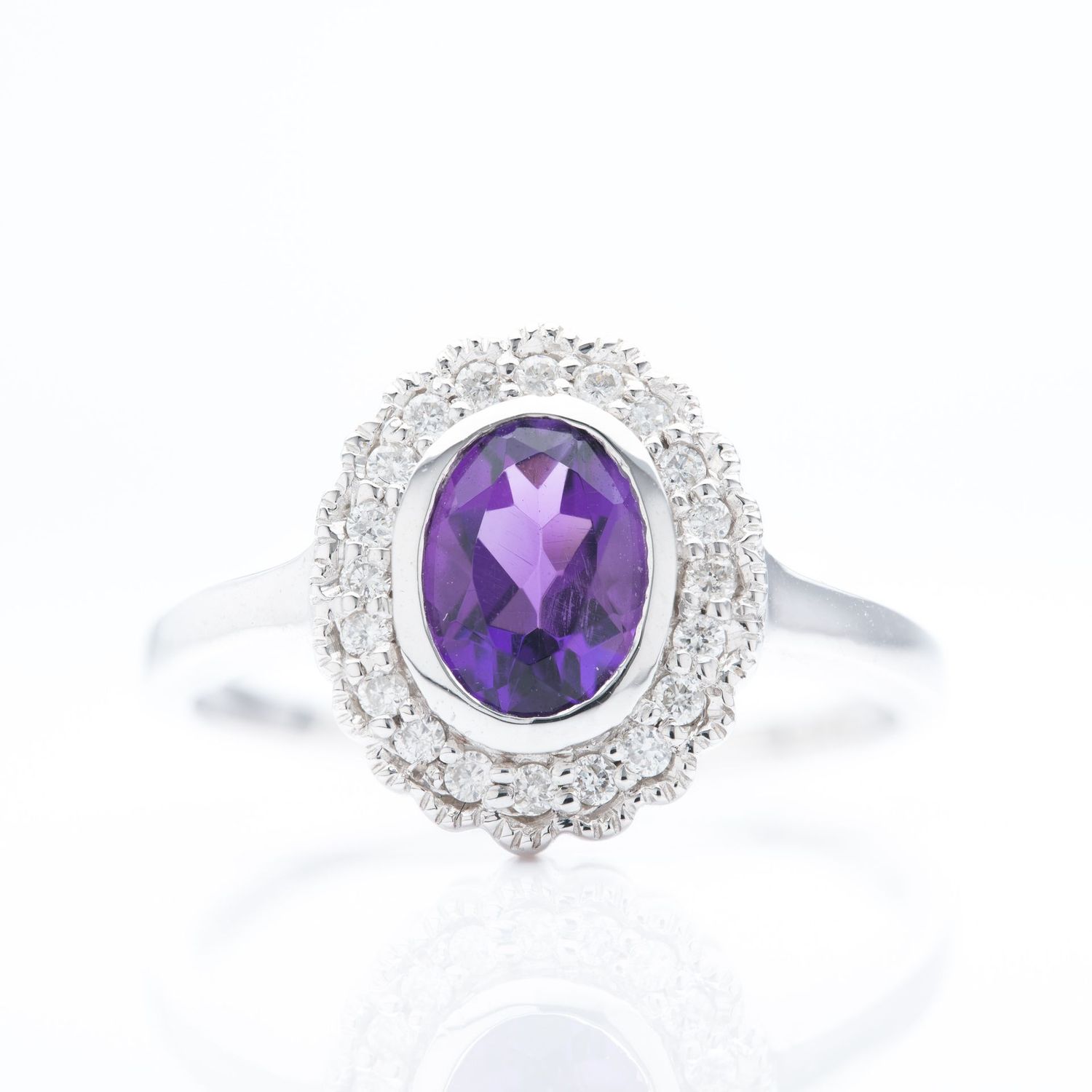 9ct White Gold Oval Cut Amethyst & Round Brilliant Cut Diamond Halo Cluster Ring