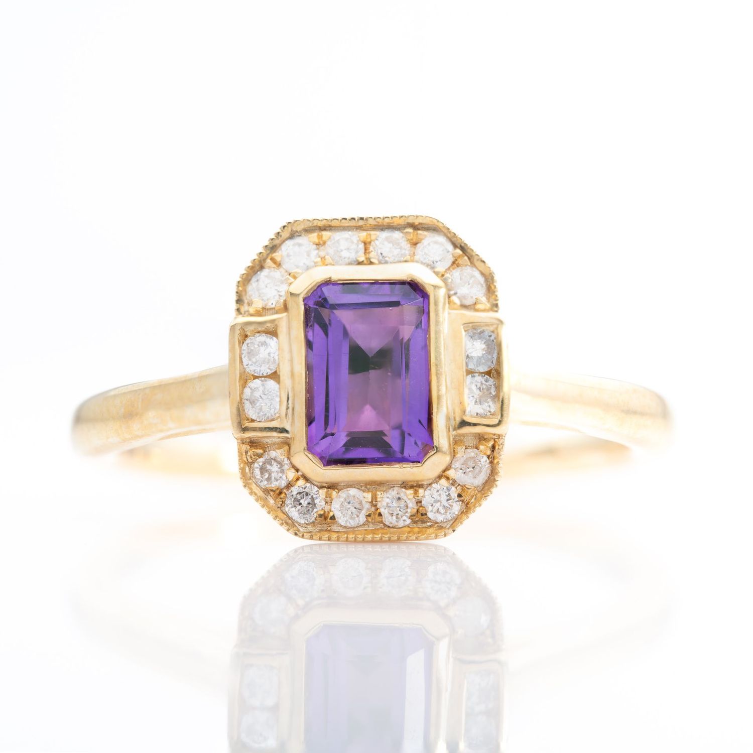 9ct Yellow Gold Octagonal Cut Amethyst & Round Brilliant Cut Diamond Halo Cluster Ring
