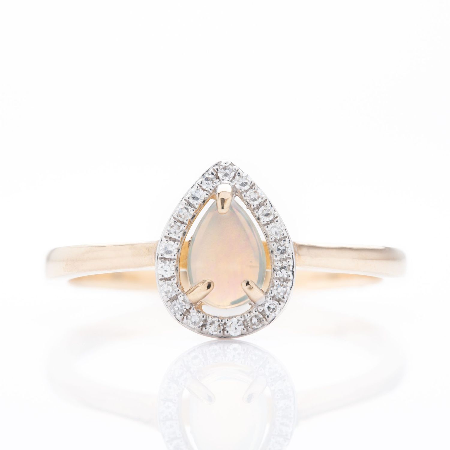 9ct Gold Pear Shaped Opal & Round Brilliant Cut Diamond Halo Cluster Ring