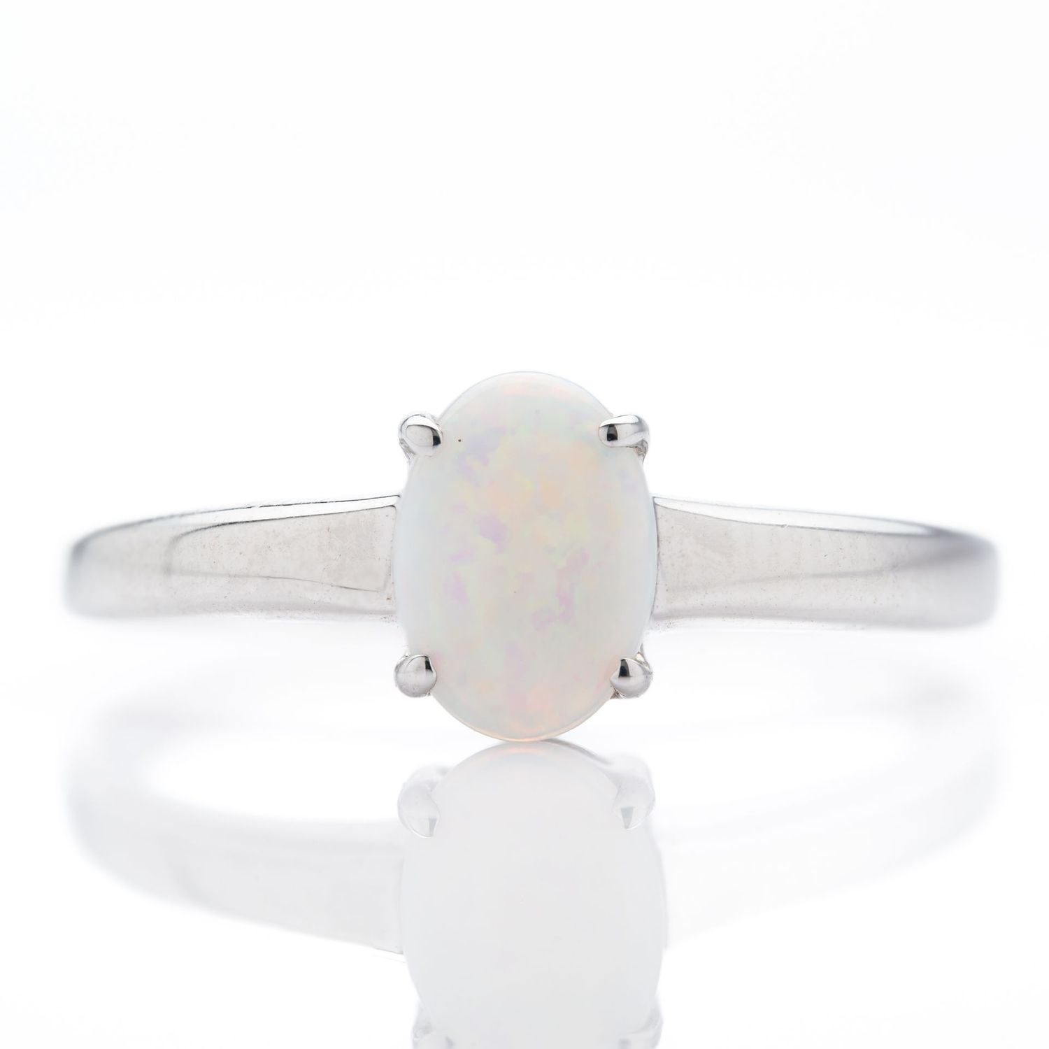 9ct White Gold Oval Cabochan Opal Claw Set Ring