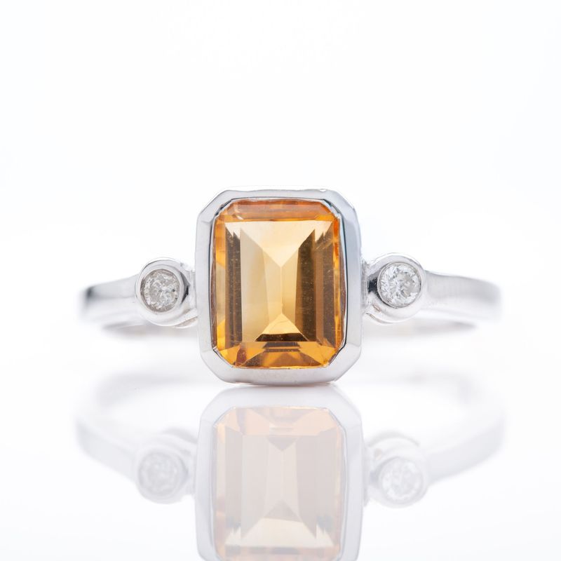 9ct White Gold Octagonal Cut Citrine & Round Brilliant Cut Diamond Trilogy Ring