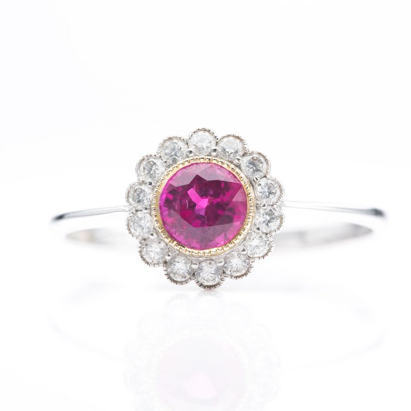 18ct White & Yellow Gold Round Cut Ruby & Round Brilliant Cut Diamond Flower Cluster Ring