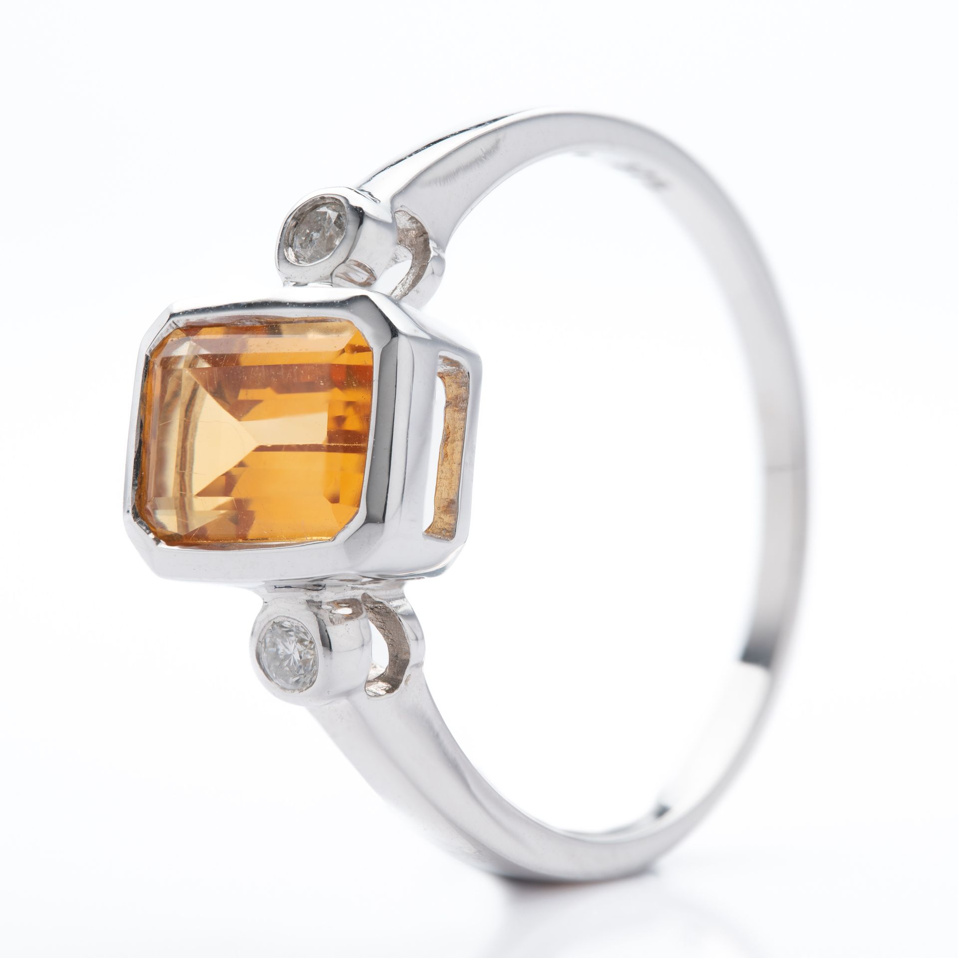 9ct White Gold Octagonal Cut Citrine & Round Brilliant Cut Diamond Trilogy Ring