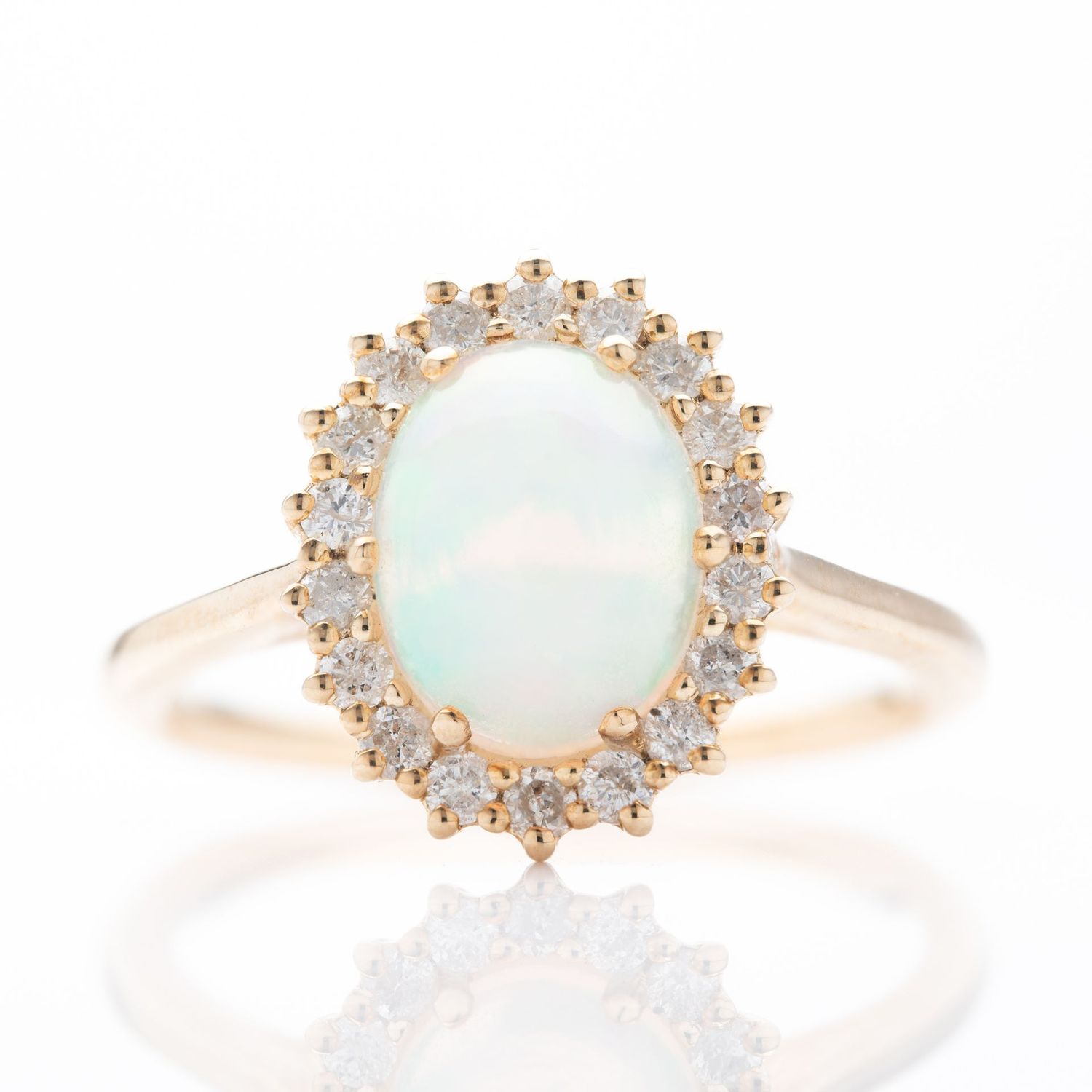 9ct Yellow Gold Oval Cut Opal and Round Brilliant Cut Diamond Cluster Ring