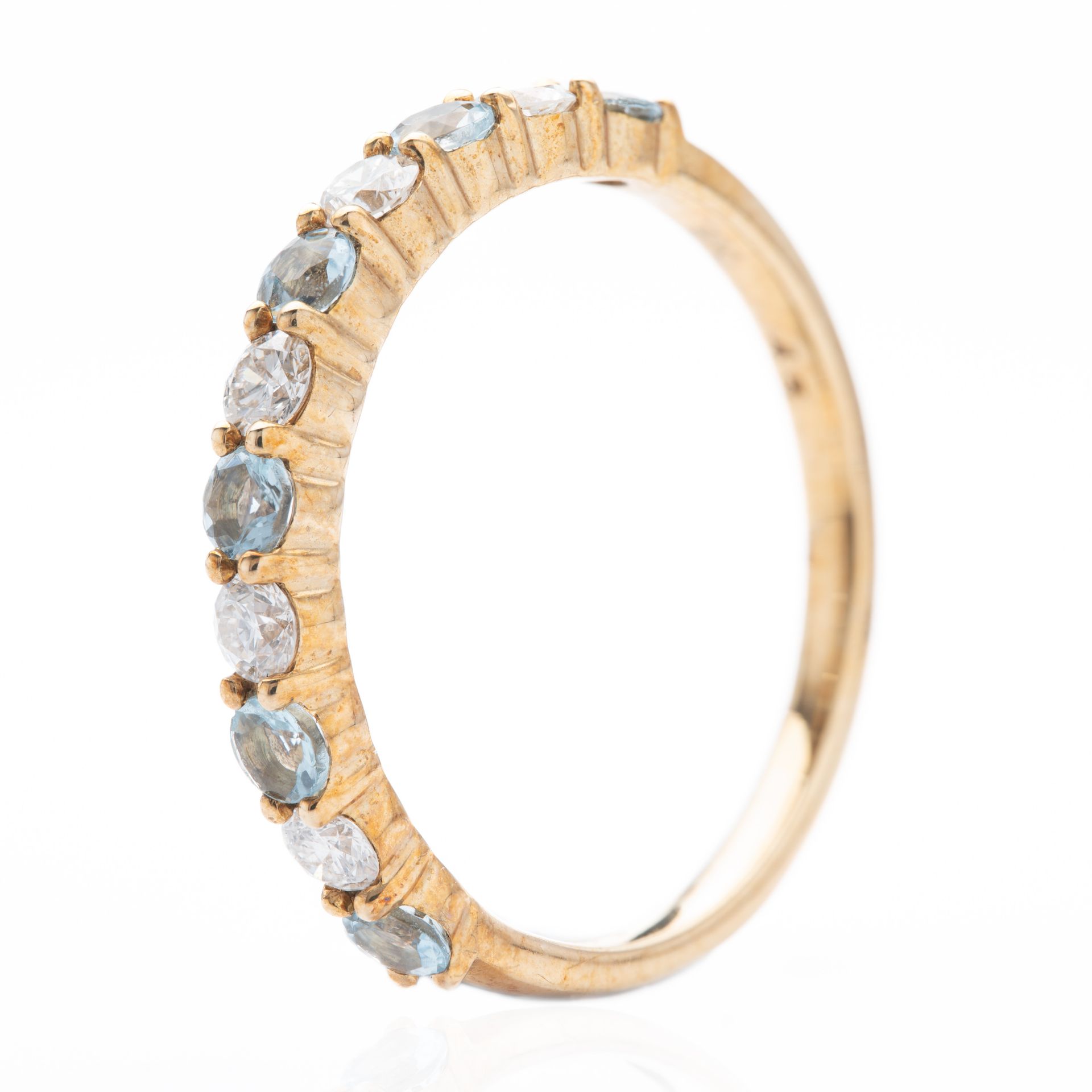 9ct Yellow Gold Round Cut Aquamarine & Round Brilliant Cut Diamond Claw Set Half Eternity Ring