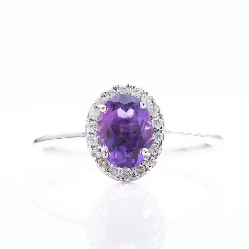 9ct White Gold Oval Cut Amethyst & Round Brilliant Cut Diamond Halo Cluster Ring