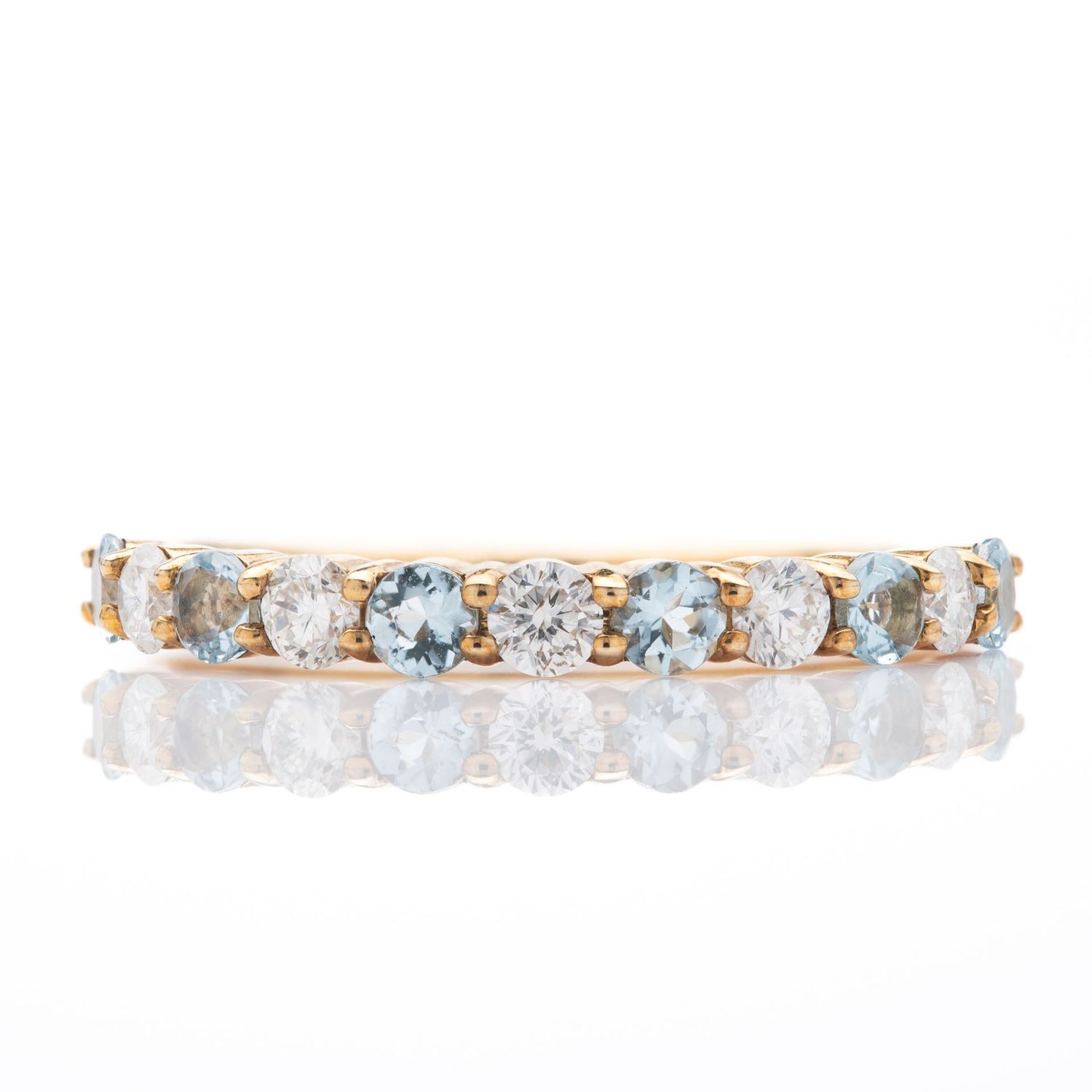9ct Yellow Gold Round Cut Aquamarine & Round Brilliant Cut Diamond Claw Set Half Eternity Ring