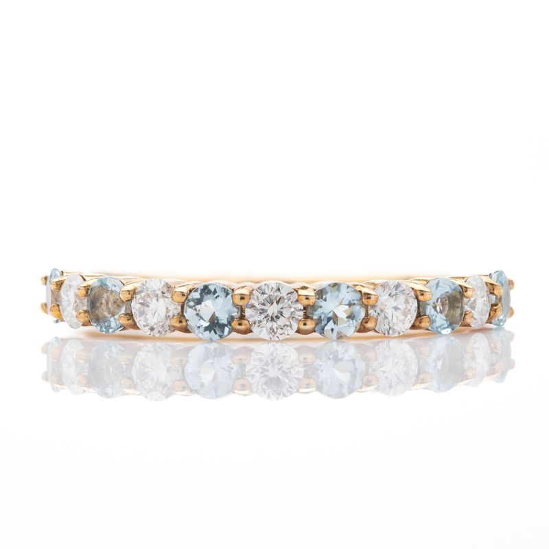 9ct Yellow Gold Round Cut Aquamarine & Round Brilliant Cut Diamond Claw Set Half Eternity Ring