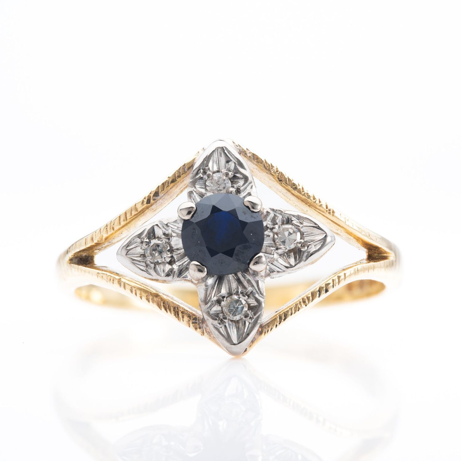 18ct Yellow and White Gold Sapphire and Diamond Floral Split Shoulder Ring 18ct Yellow and White Gold Sapphire and Diamond Floral Split Shoulder Ring