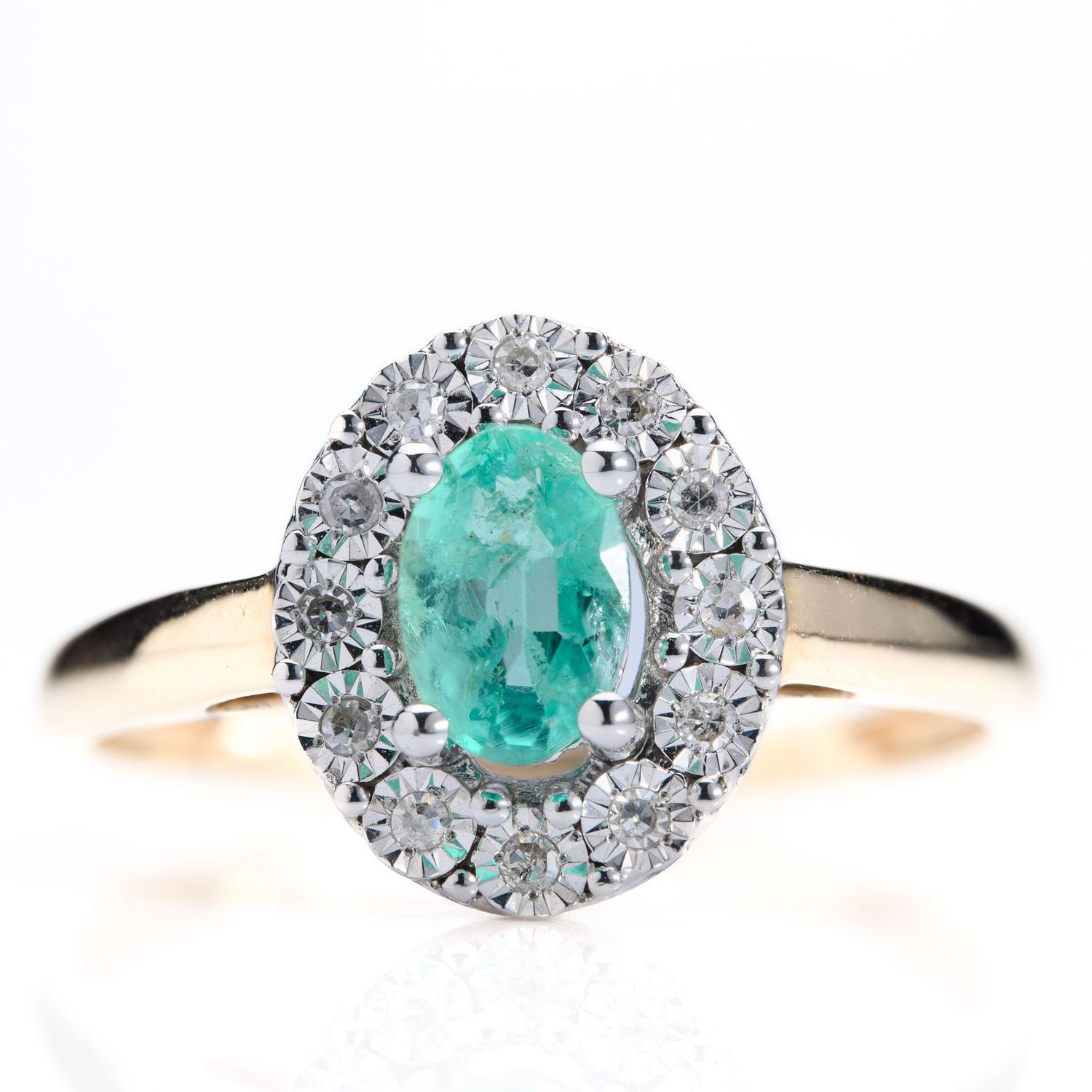 9ct Gold Oval Cut Emerald & Round Brilliant Cut Diamond Cluster Ring