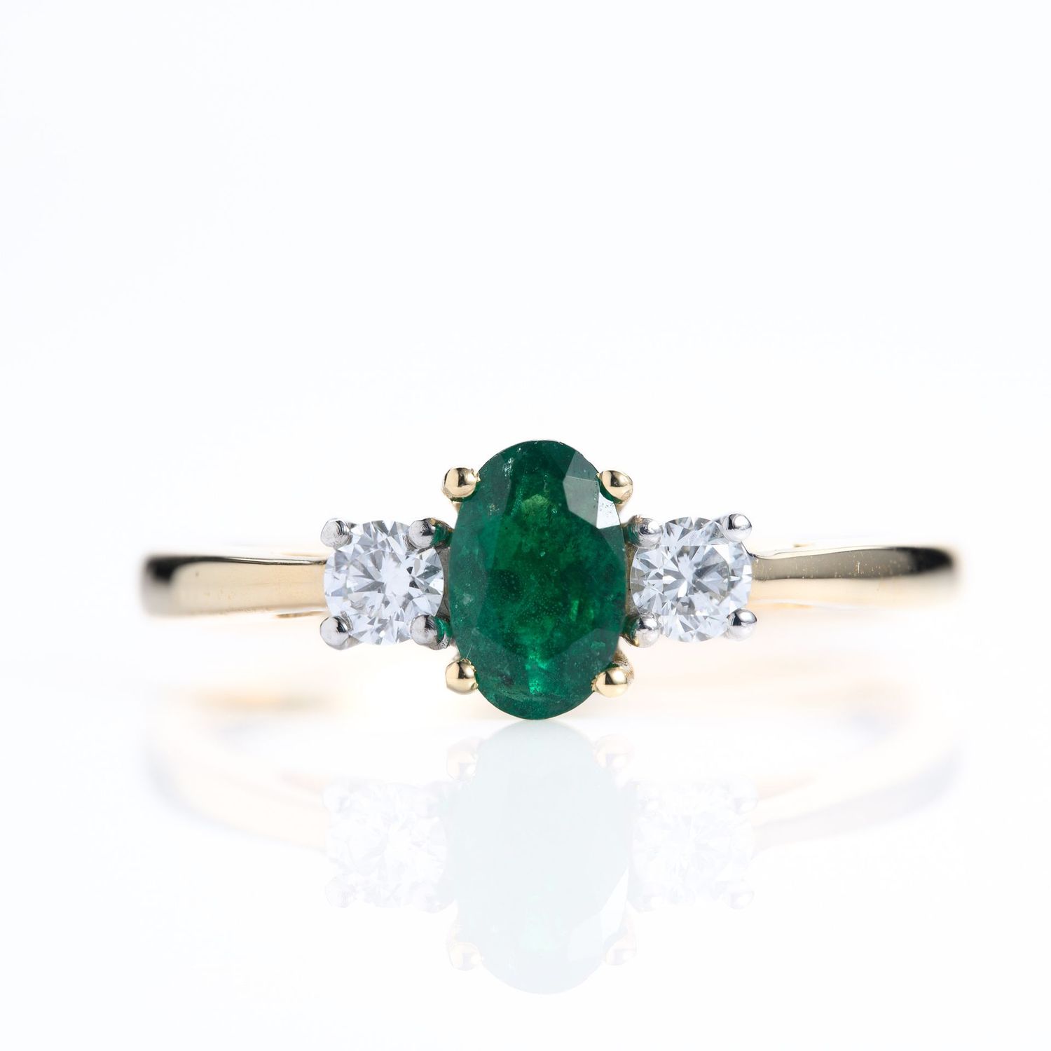 18ct Yellow Gold & Platinum Oval Cut Emerald & Round Brilliant Cut Diamond Trilogy Ring