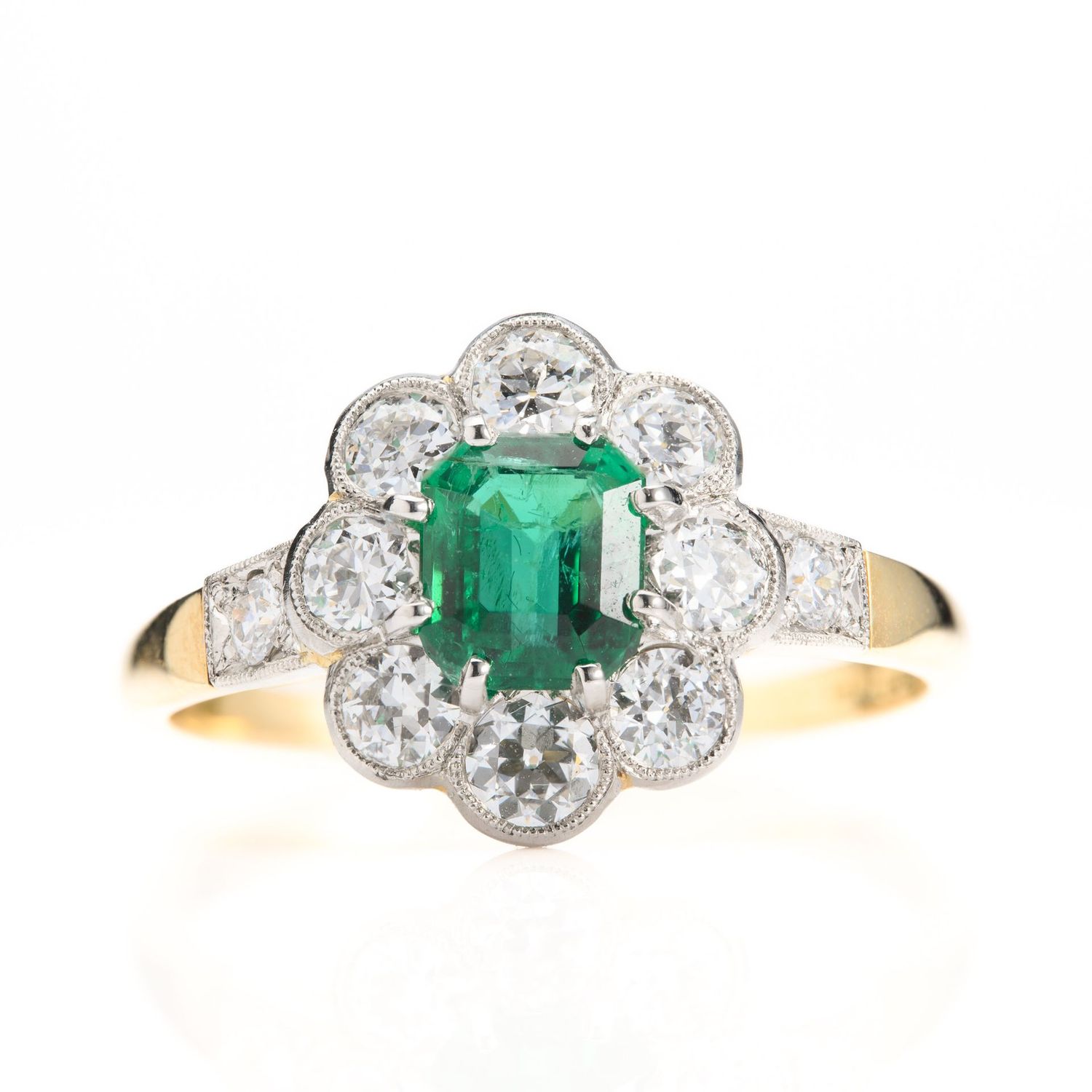 18ct Yellow Gold & Platinum Octagonal Cut Emerald & Round Brilliant Cut Diamond Flower Cluster Ring