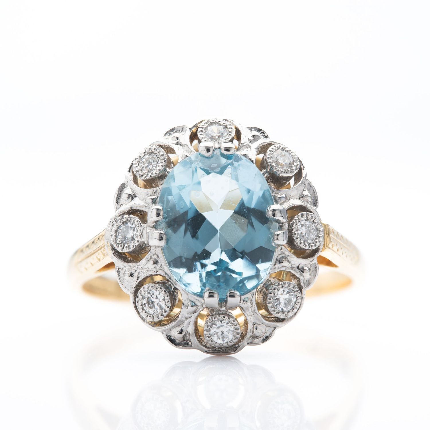 18ct Yellow Gold & Platinum Oval Cut Aquamarine & Round Brilliant Cut Diamond Cluster Ring