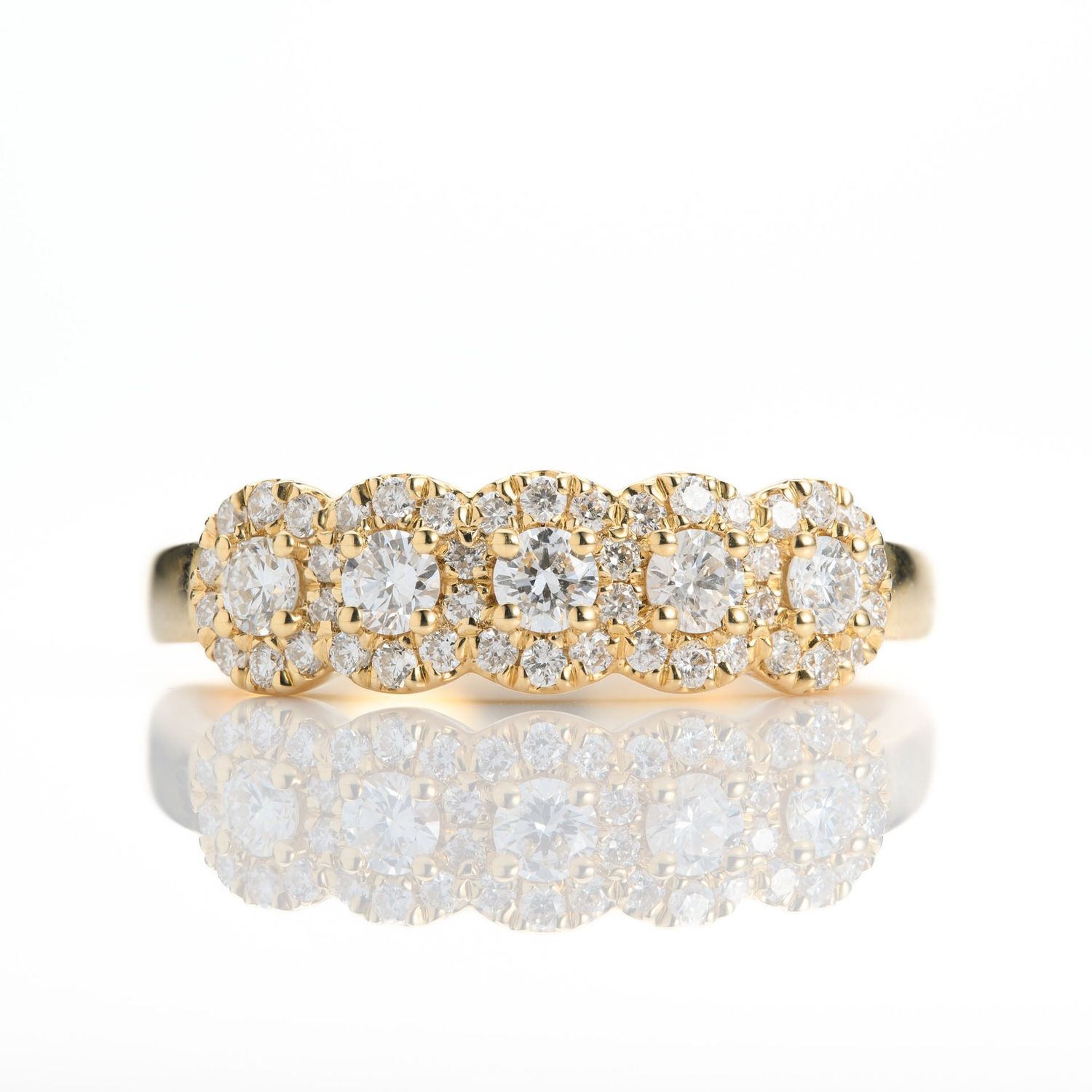 18ct Yellow Gold Round Brilliant Cut Diamond Halo Cluster Half Eternity Ring