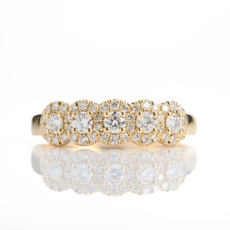 18ct Yellow Gold Round Brilliant Cut Diamond Halo Cluster Half Eternity Ring