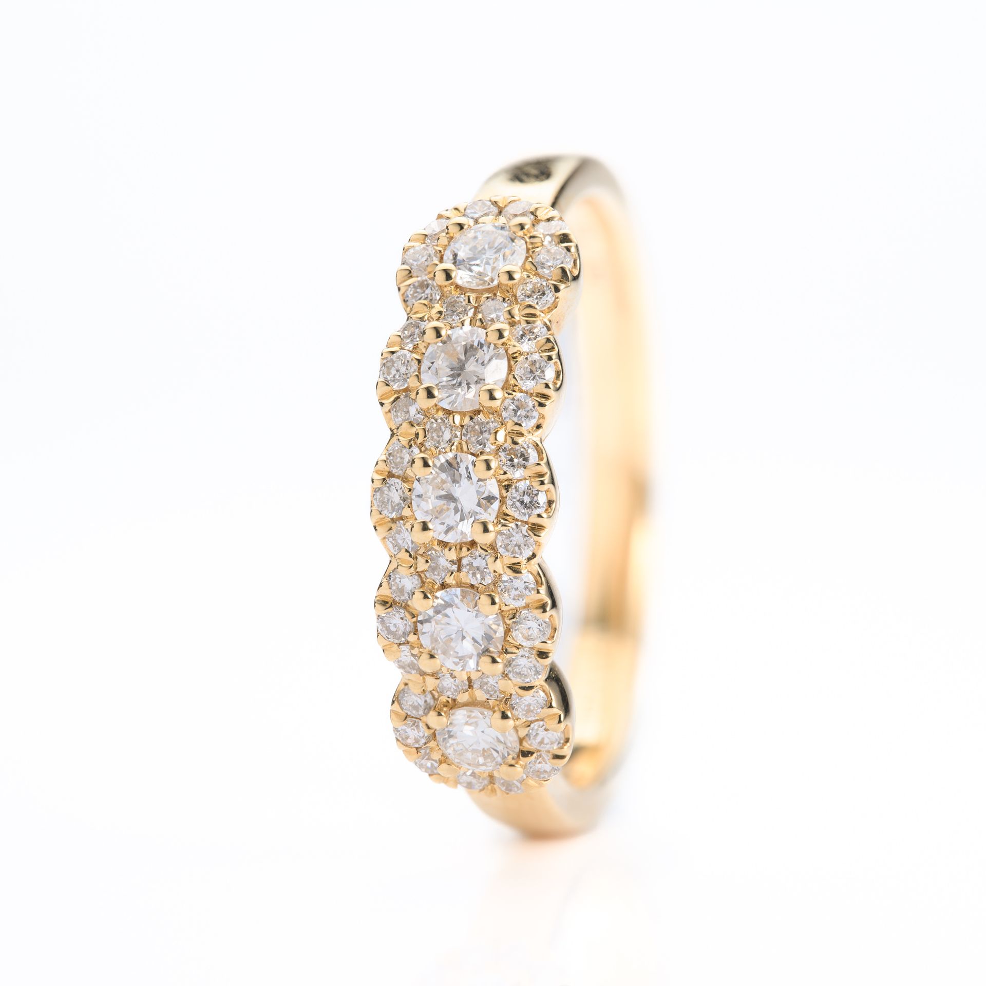 18ct Yellow Gold Round Brilliant Cut Diamond Halo Cluster Half Eternity Ring