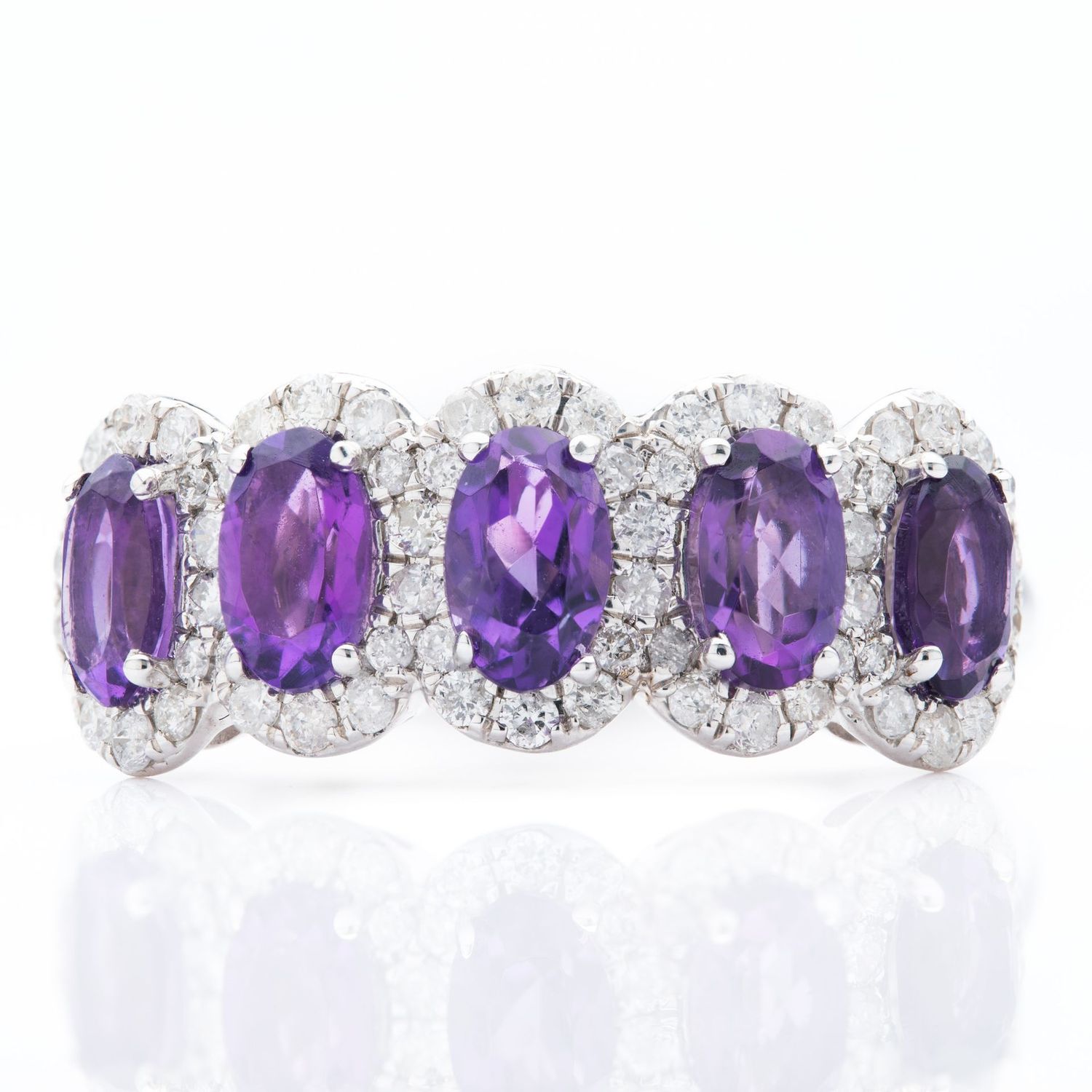 9ct White Gold Oval Cut Amethyst & Round Brilliant Cut Diamond Cluster Ring