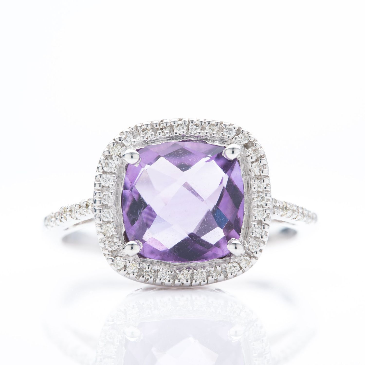 9ct White Gold Cushion Cut Amethyst & Round Brilliant Cut Diamond Cluster Ring