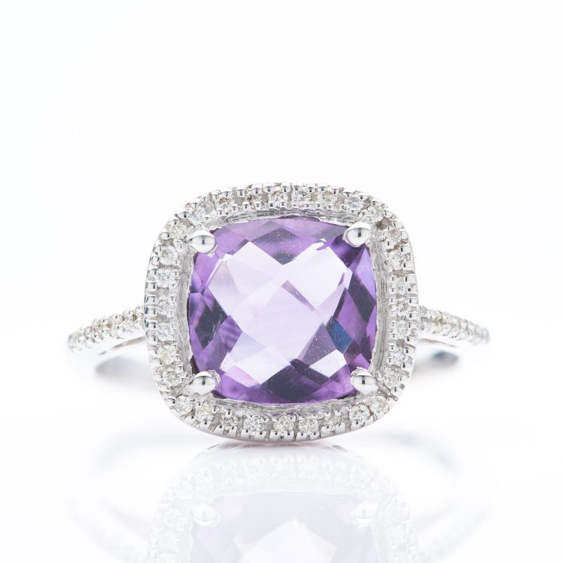 9ct White Gold Cushion Cut Amethyst & Round Brilliant Cut Diamond Cluster Ring