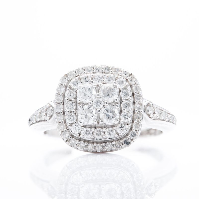 9ct White Gold Double Diamond Halo Cluster Ring