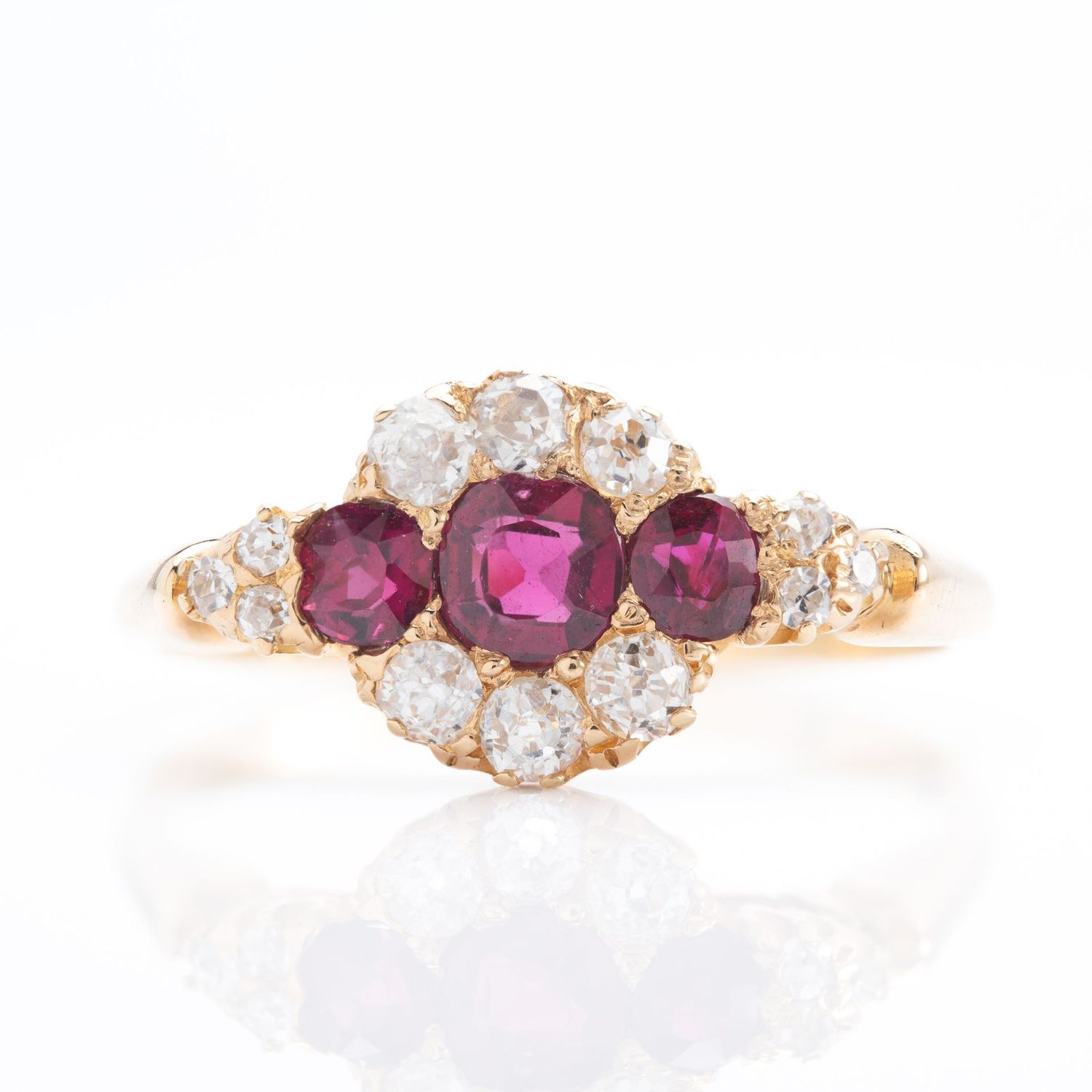 Antique 18ct Yellow Gold Ruby & Diamond Triple Cluster Ring Antique 18ct Yellow Gold Ruby & Diamond Triple Cluster Ring